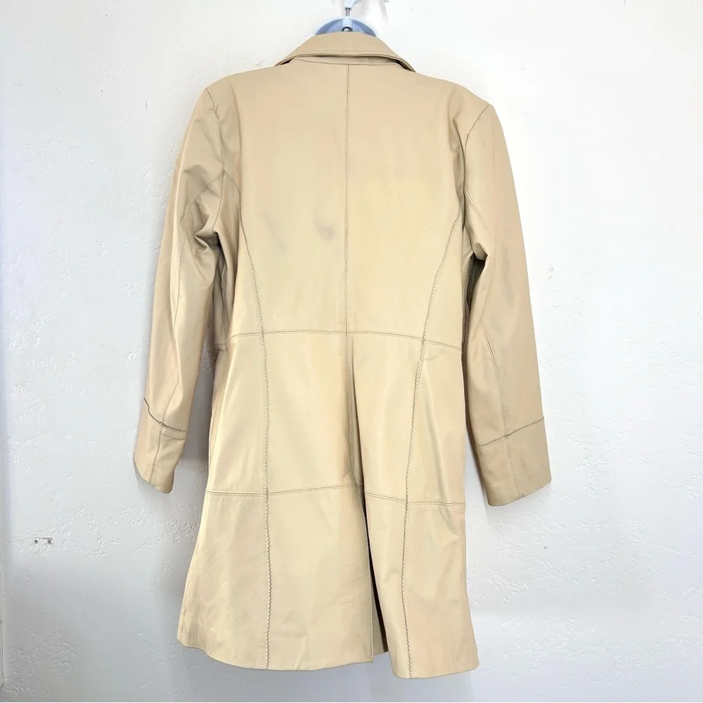 Vintage Y2K Terry Lewis Leather Trench Coat Cream Toggle Buttons Women's S